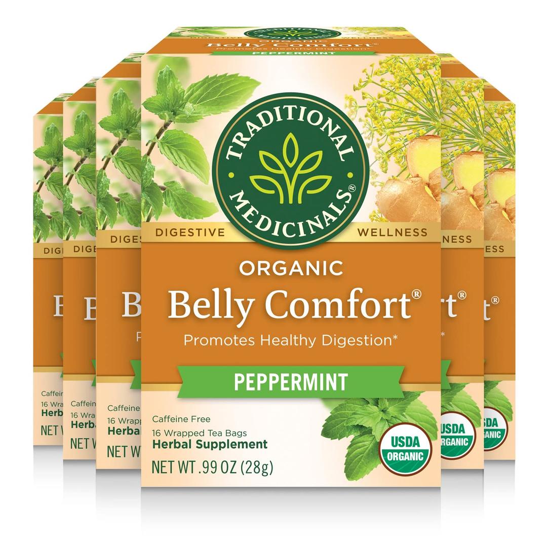 Traditional Medicinals Organic Belly Comfort Peppermint Tea, Kosher, Non-GMO, Caffeine-Free, Compostable - 96 Tea Bags (6 Pack)