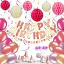 TaoBary Pink Birthday Decorations, Happy Birthday Banner, Honeycomb Balls, Garland, Metallic Balloons, Hanging Swirls, Cupcake Toppers, Happy Birthday for Women Girls Birthday Princess Party
