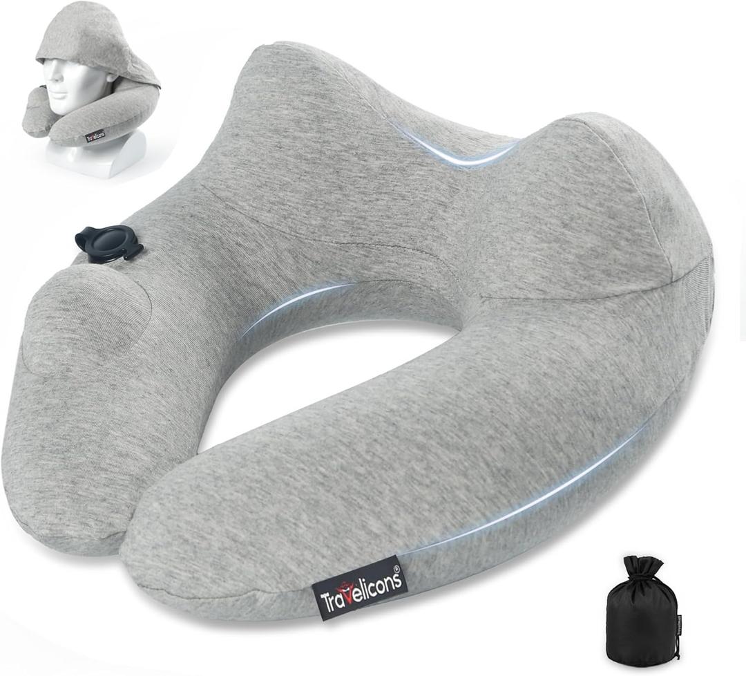 Travel Pillow for Airplane with Hood, Inflatable Neck air Pillow for car,Travel accessoires nap Rest Sleep Business Trip Flight (Gray)
