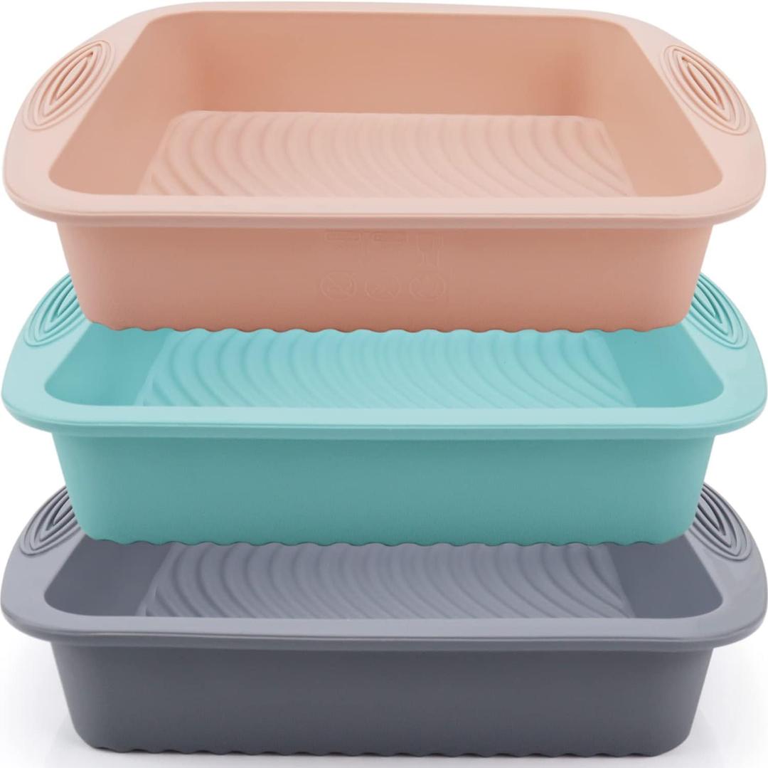 Baocuan Silicone Square Cake Pan - Non-Stick, Easy Release, Heat Resistant for Baking Cakes, Brownies, Cheesecakes and More 8.5 Inch 3 Pack for Oven, Microwave, Freezer and Dishwasher