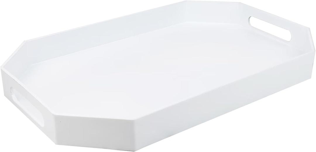 White Octagonal Serving Tray with Handles for Coffee Table, Plastic Decorative Tray for Ottoman, Kitchen Counter, Living Room, Outdoor Lacquer Tray for Entertaining (15.7" x 10.2" x 1.6")
