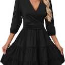 PerZeal Women's Wrap V Neck 3/4 Sleeve Wedding Guest Dress Elastic Waist Tiered Belted Ruffle Hem Mini Dress (Medium)