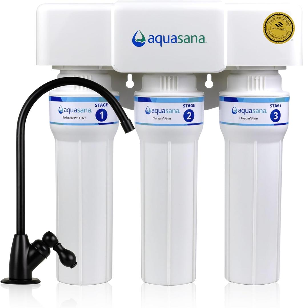 Aquasana Under Sink Water Filter | Certified 3-Stage Max Flow Filtration | Reduces up to 99.99% of PFAS, Lead, Chlorine, & More | Under Counter Drinking Water Filter | Matte Black Faucet | AQ-6300M-MB