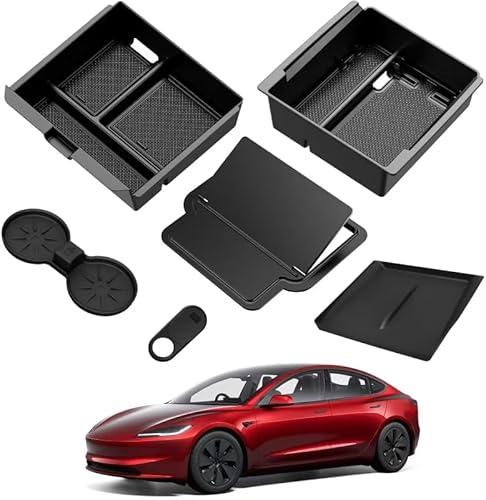 YPHUIKI 6PCS Upgraded Center Console Organizer for Tesla Model 3 Highland 2024 2025 & Model Y Juniper 2025 Accessories [Smooth Sliding] Armrest Tray Hidden Storage Box Cup Holder Webcam Cover