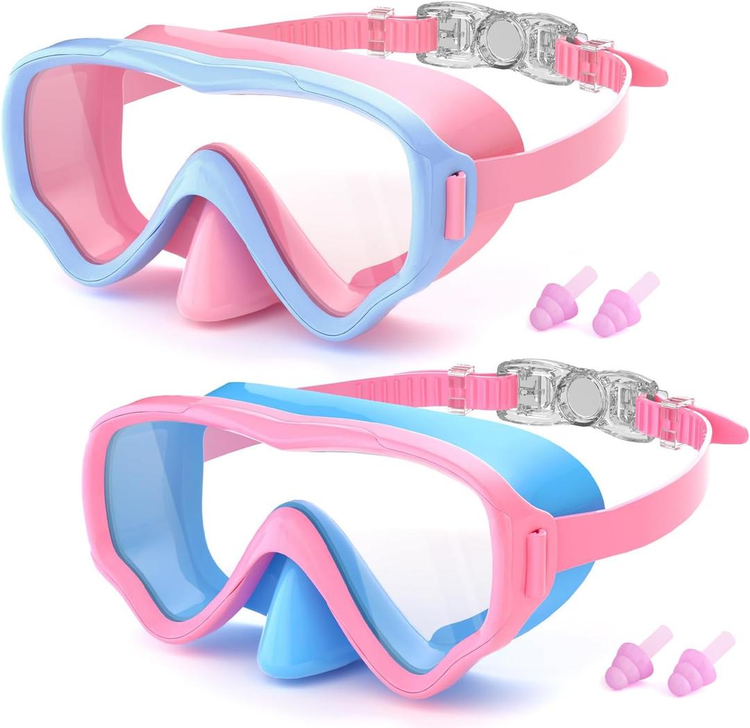 COOLOO 2 Packs Kids Goggles with Nose Cover, 180 Wide View Swimming Goggles for Kids 4-16, No More Hair Snags Anti-Fog No-Leak Snorkel Mask for Boys Girls Youth