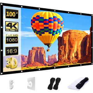 AAJK Projector Screen 100 inch, Washable Projector Screen 16:9 Foldable Anti-Crease Portable Projector Movies Screen for Home Theater Outdoor Indoor Support Double Sided Projection