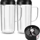 2 Pack Magic Bullet Blender Cups, Tall 22oz Cup with Flip Top To-Go Lid & 4 Fins Cross Blade Blender Replacement Parts, Replacement Cup Mug with Handle Compatible with Magic Bullet 250w MB1001