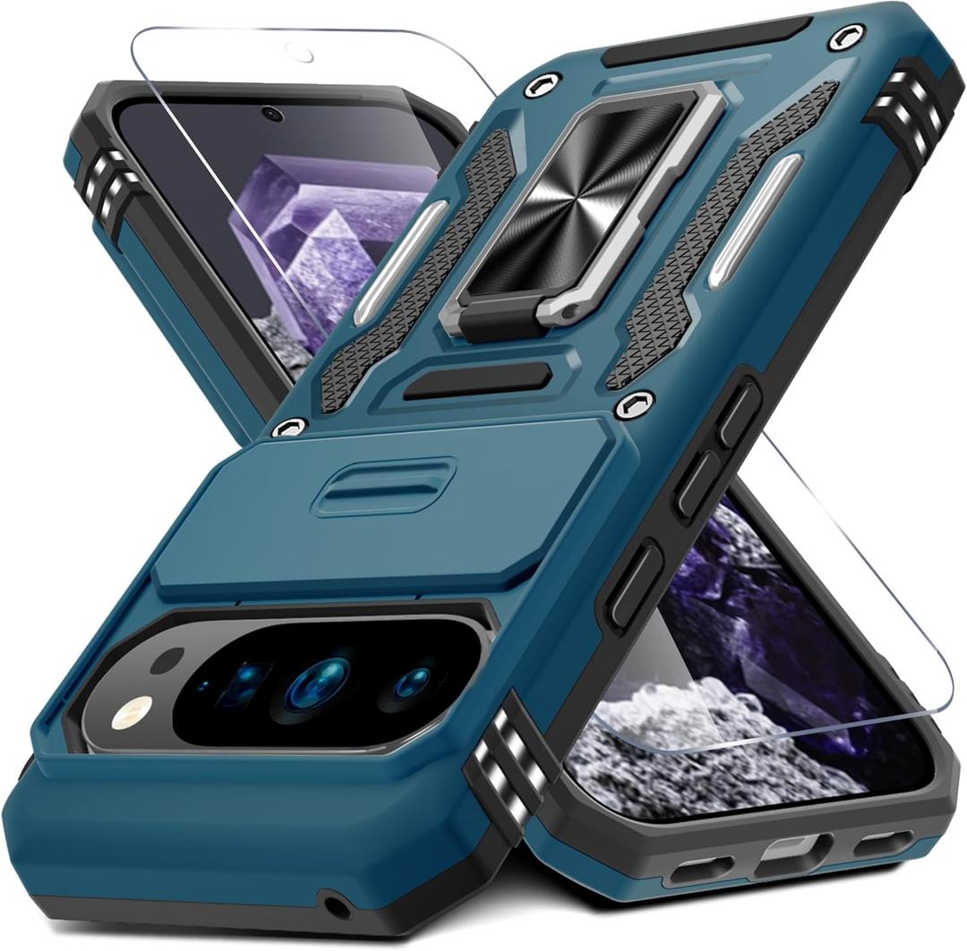 DEERLAMN Case for Google Pixel 10 Pro XL with Slide Camera Cover+Screen Protector(1 Pack), Rotated Ring Kickstand Military Grade Shockproof Protective Cover-Light Blue