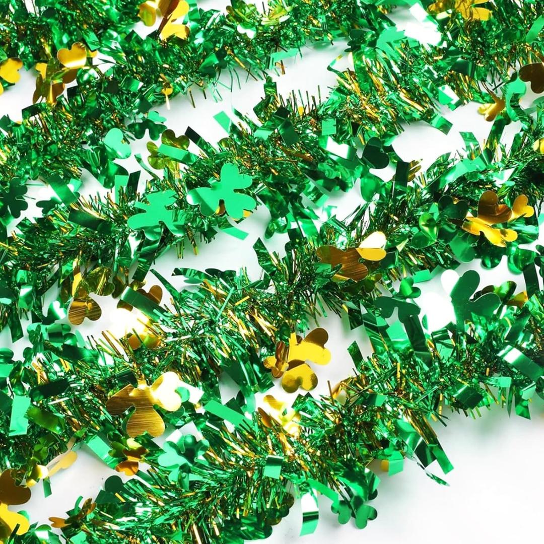 2Pcs Green and Gold Descoration Garland, 6.5FT Festival Decor Shiny Twist Streamer Hanging Shamrock Garland for Home Indoor Outdoor Irish Themed Events