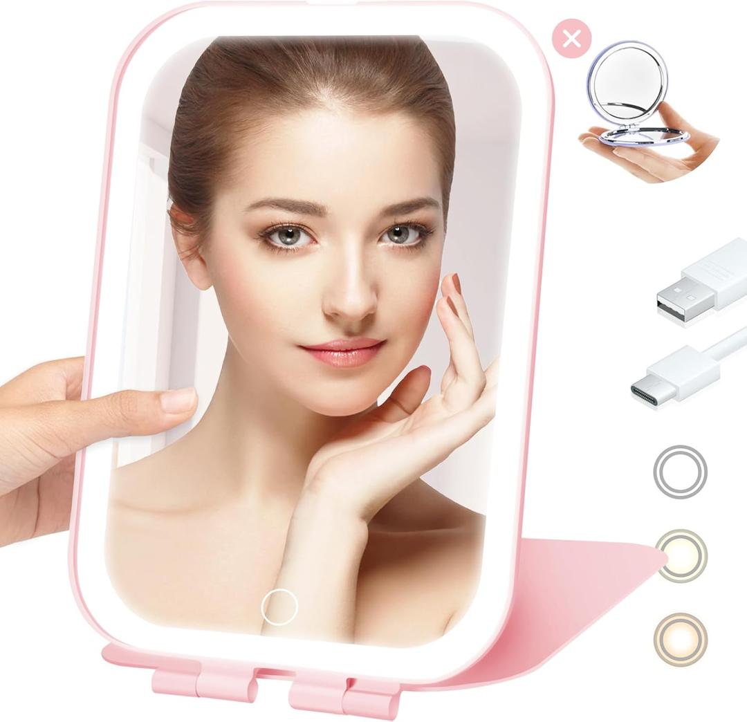 Travel Mirror with Light, Rechargeable Portable Makeup Mirror with Battery-Powered, 3 Colors LED Lighting, Dimmable Touch Screen Vanity Lighted Mirror