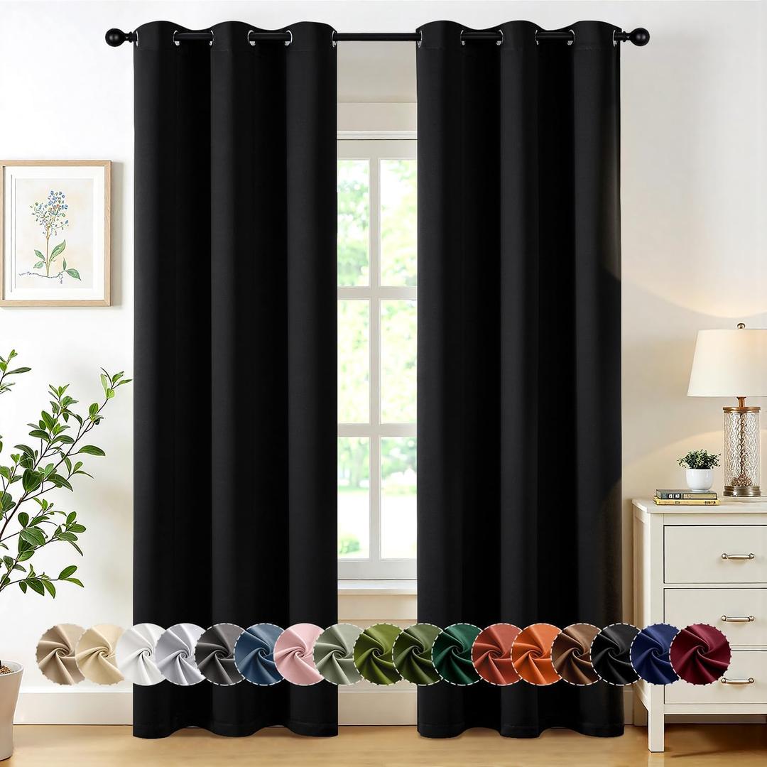 MIULEE Black Blackout Curtains for Bedroom Living Room 84 Inches Long 2 Panels, Thermal Insulated Room Darkening Drapes Solid Grommet Top Noise Reduction Light Blocking Window Treatments 40x84 Inch