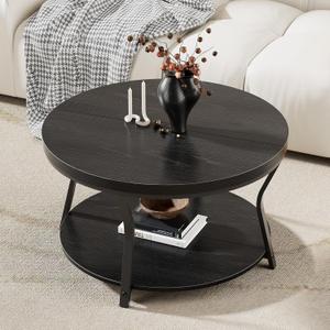 Round Coffee Table, Circle Wood Coffee Tables for Living Room, 2 Tier Industrial Modern Center Table with Thickened Tabletop and Metal Frame, 31.5 inch (Black), Large