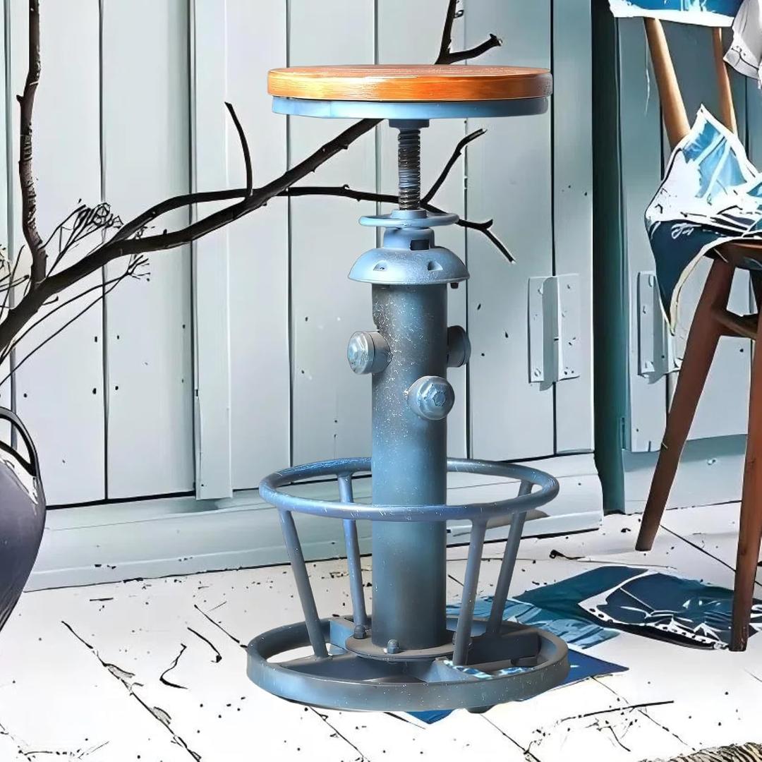 Topower Aged Steampunk Deco Industrial Round Bottom Adjustable Height Cafe Coffee Retro Vintage Fire Hydrant Design Pub Kitchen Counter Bar Stool (Antique Blue, Wooden Top), Height: 24 Inches, Diameter: 13 Inches