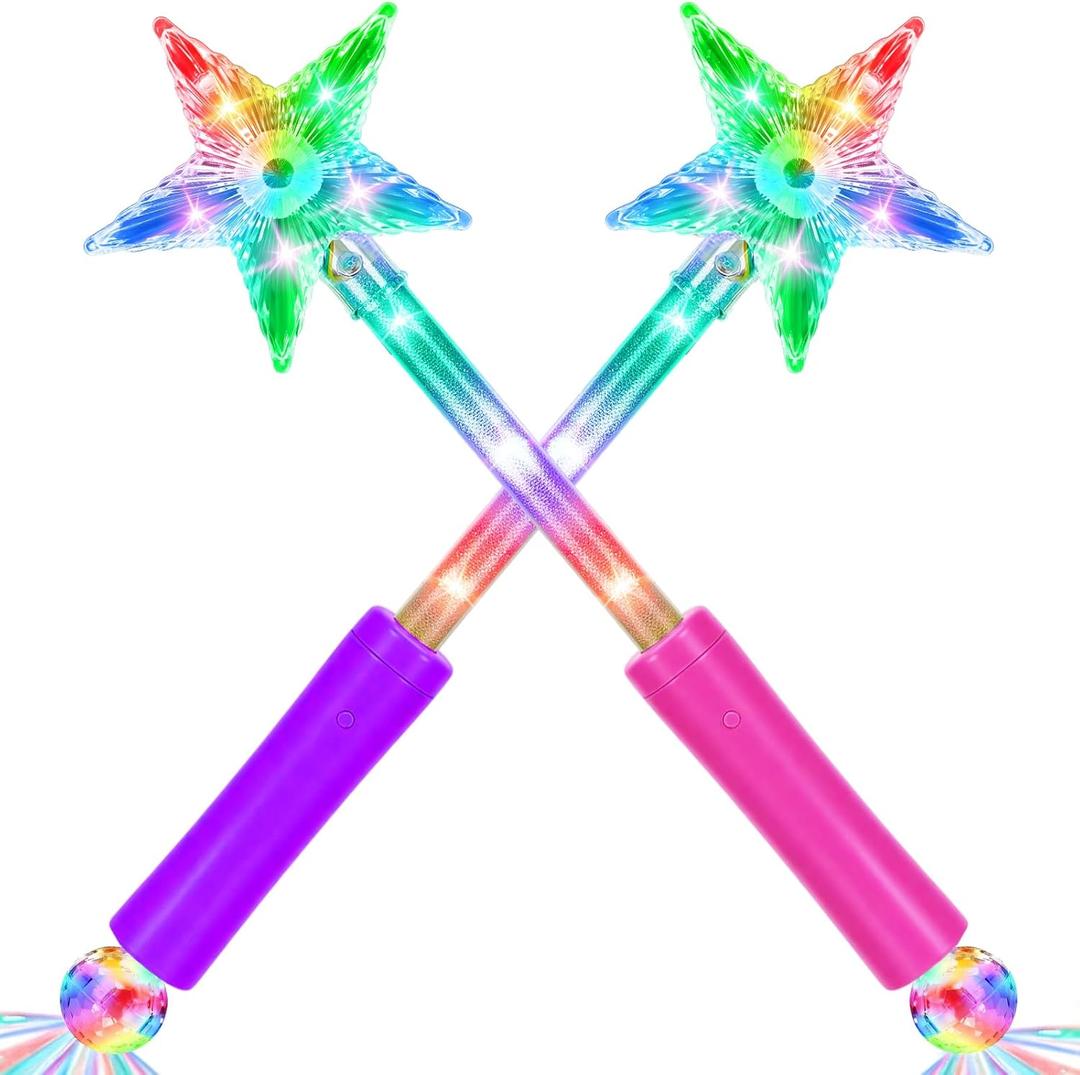 2 Pack Stars LED Light Up Magic Wand for Kids, Princess Fairy Wand for Little Girl, Star Wand Perfect for Party Favors, Holiday & Birthday Events