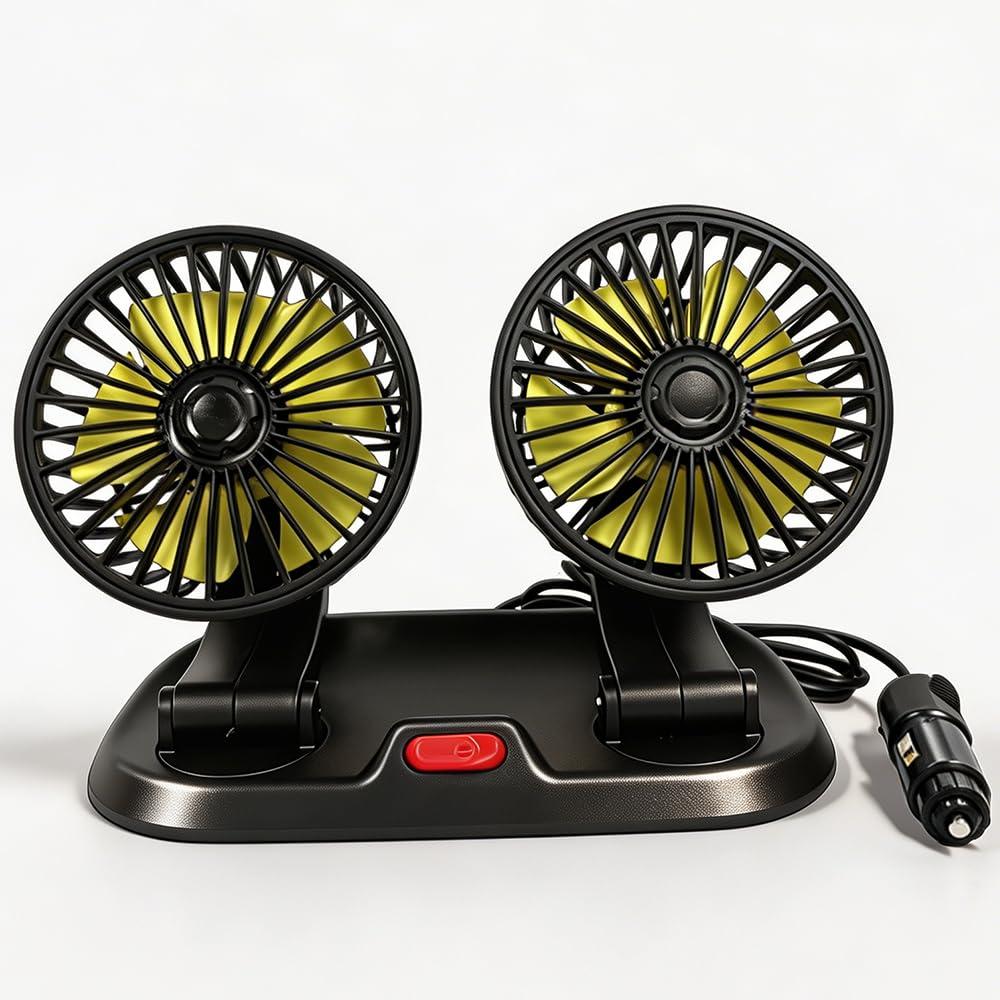 Premium 12V Dual Head Car Cooling Fan, 360 Rotatable, Quiet Powerful Automotive Fan with Cigarette Lighter Plug, Fast Heat Dissipation for Car, SUV, RV, Truck & All Vehicles