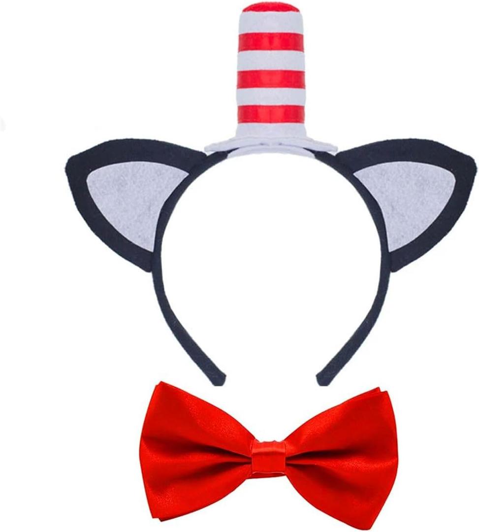 NUMJAW Cat Headband With Stovepipe Hat,Book Character Costumes Accessories,Cat Costume - Red and White Headbands Hat with Bow Tie Cosplay Party Halloween
