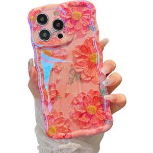 XIZYO Case for iPhone 14 Pro Max, Colorful Retro Oil Painting Flower Cute Floral Aesthetic Curly Wave Frame Laser Glossy Reflective Exquisite Stylish Protective Cover Women Girls-Pink Flower/Pink