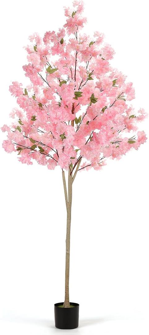 Artificial Cherry Blossom Tree 6FT, Faux Sakura with Realistic Pink Silk Flowers and Plastic Pot, Indoor & Outdoor Plant Decoration for Home, Office, Wedding, Garden, Party