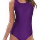 American Trends One Piece Swimsuit Women Criss Cross Back Color Block Print Bathing Suits Athletic Modest Swimwear (10-12, Solid Purple)