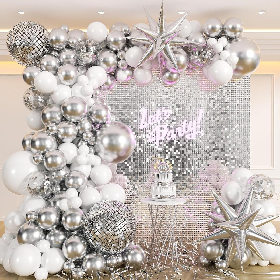 135pcs Disco Balloon Arch Garland Kit - White Silver With Disco Ball and Foil Balloons for Birthday, Graduation, Prom, 2024 Party Decorations