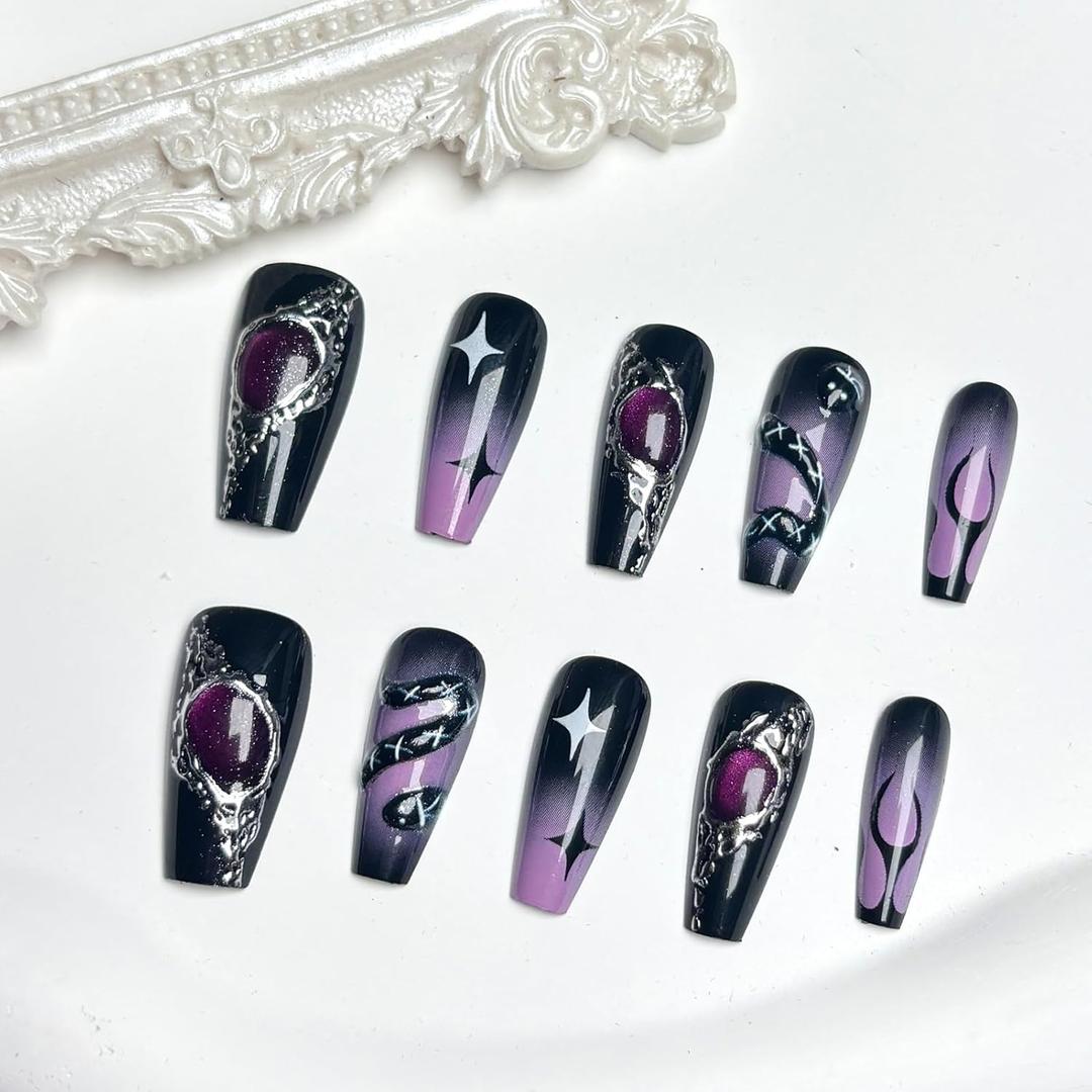 Dark Press on Nails Long Square Fake Nails with 3D Snake Rhinestones Design Purple Gradient Acrylic Nails Flame False Nails Tip Glitter Star Swirl Artificial Nails Glossy Glue on Nails for Women 24Pcs