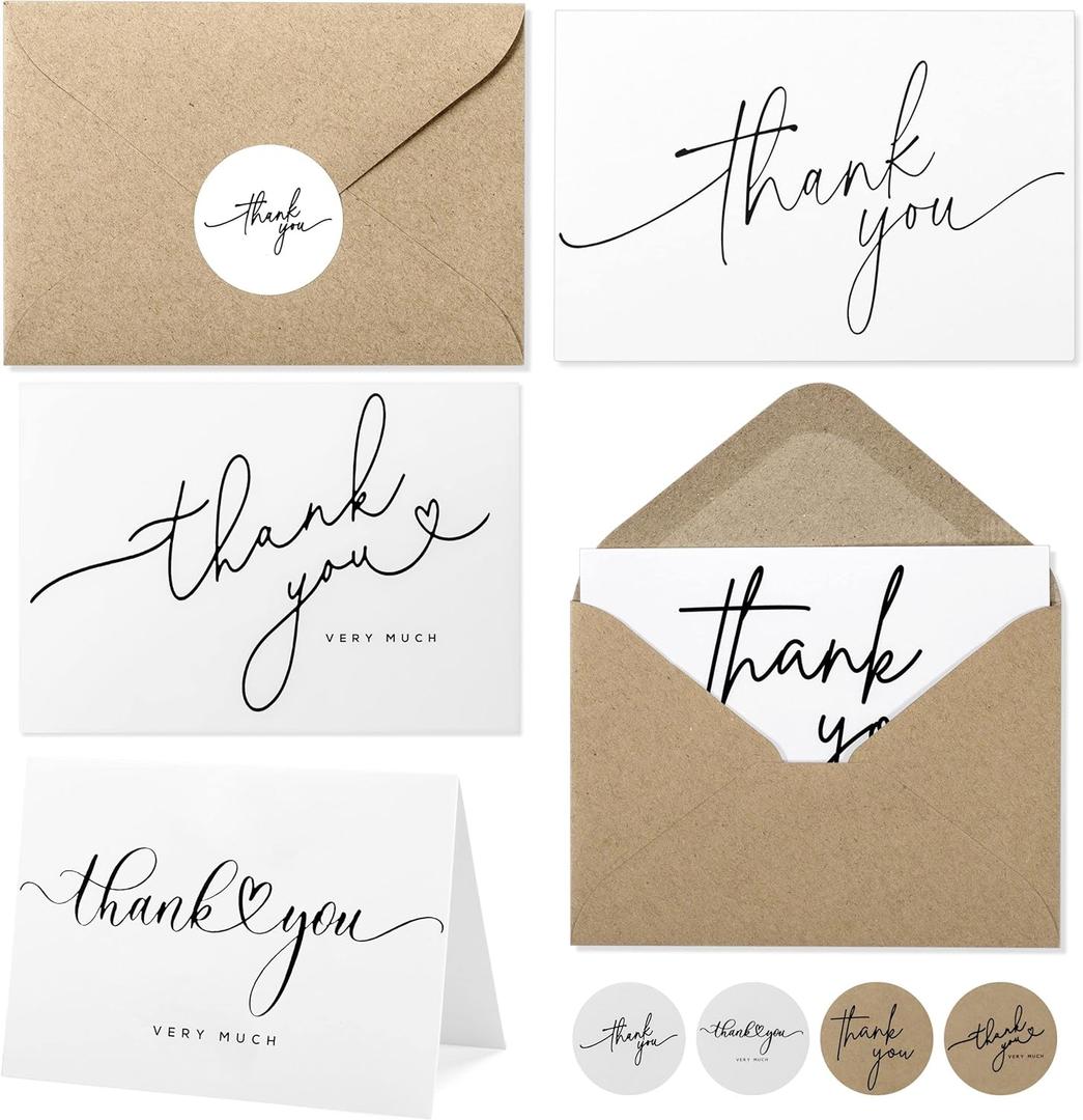 Layneria 100 Bulk Thank You Cards with Kraft Envelopes and stickers - 4 Minimalistic Designs Blank Thank You Notes with Envelopes for business Wedding Bridal Gift Baby Shower Business Graduation (White)
