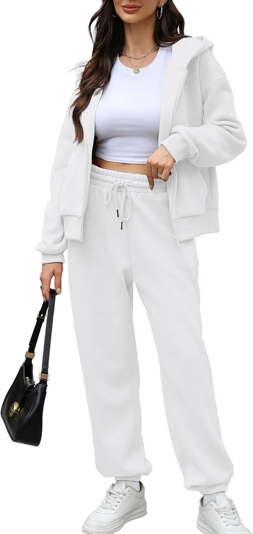 Saloogoe Sweatsuits Women 2 Piece Outfits 2024 Fall Fleece Sweatshirt Sets Zip Up Hoodie Sets Travel Lounge Sets (Medium, Classic White)