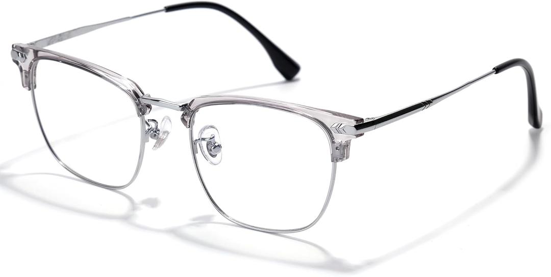 Blue Blocker Glasses for Men Metal Browline Computer Gaming Glasses Filter Blue Ray (Silver Metal/Gray Crystal TR90 Eyeglasses) (15208-grey)