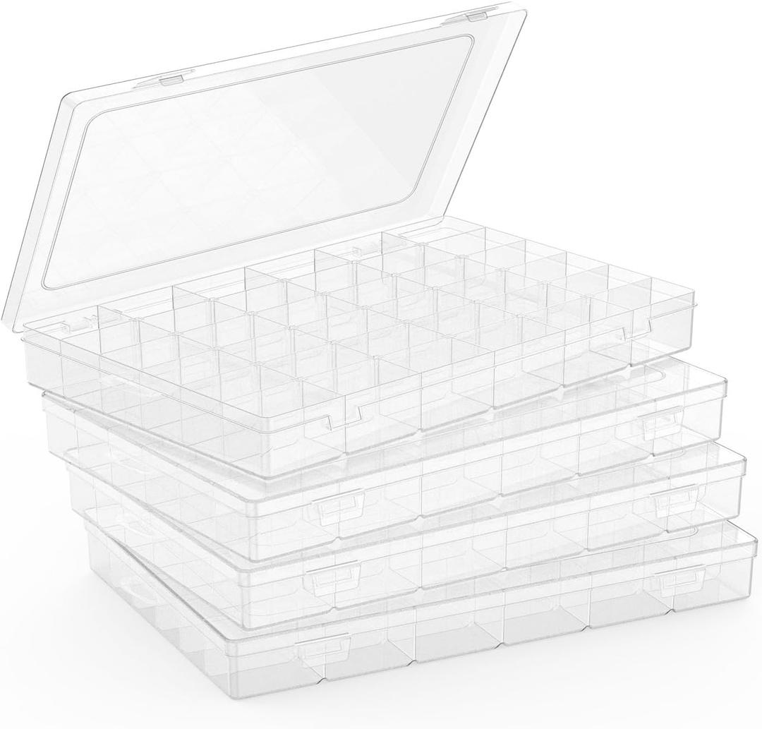 4 Pack Plastic Organizer Container Box, 36 Grids Clear Plastic Parts Organizer Box, for Beads, Art DIY, Crafts, Jewelry, Fishing Tackle with Label Stickers