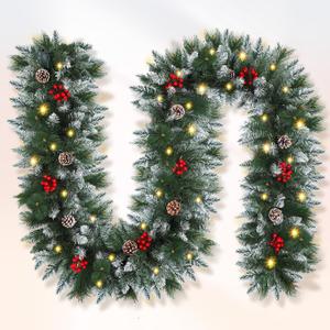Christmas Garland,Christmas Garland with Lights, Christmas Decoration,9FT/2.7M, for Mantle, Home, Stairs, Fireplace, Porch, Door,Indoor/Outdoor (Green)