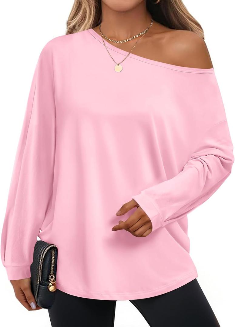 Cicy Bell Womens Oversized Off The Shoulder Tops Fall Casual Lantern Long Sleeve T Shirts Trendy Loose Fit Tunics (Medium)