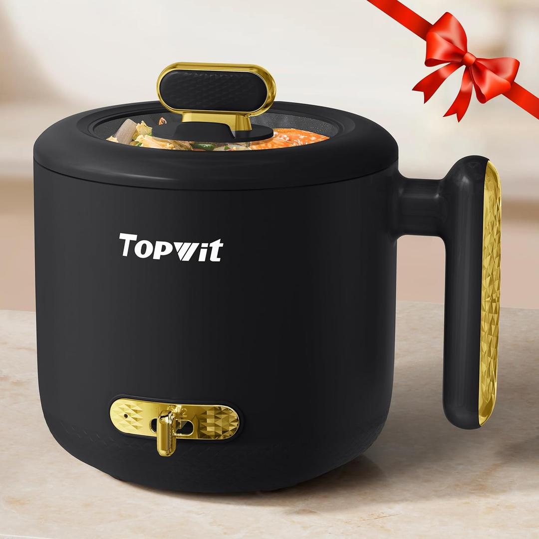 Topwit Hot Pot Electric, 1.8L Ramen Cooker, Portable Electric Pot for Cooking, Multifunctional Cooker for Steak, Egg, Soup, Noodle with Power Adjustment, Dorm Room Essential, Black