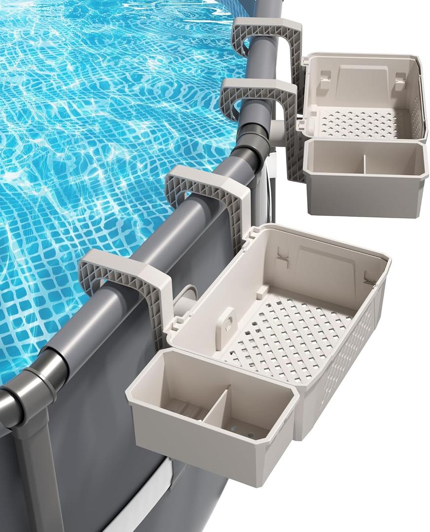 2 Sets of Poolside Storage Baskets with Cup Holders - Perfect for 3-Inch or Smaller Top Rails - Above Ground Pool Accessories - Fit for Most Above Ground Pool, (Gray)