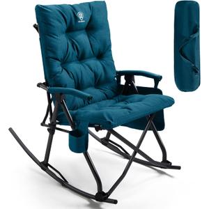 EVER ADVANCED Oversized Folding Rocking Camping Chair, Padded Portable Rocker Chair for Patio, Lawn and Outdoors, Heavy Duty Hard Armchair for Adults Supports 400lbs, Green