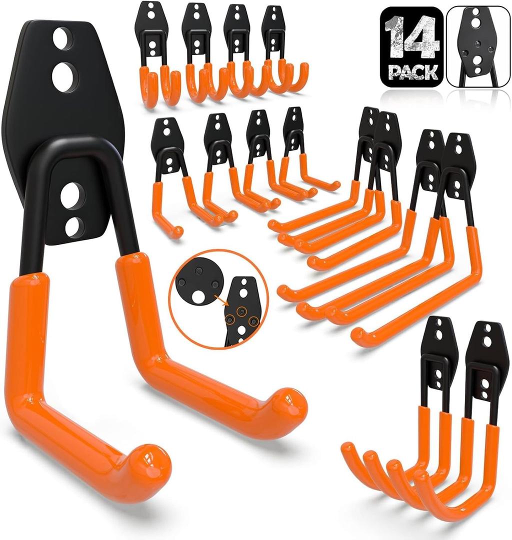 3-H Garage Wall Hooks 14 Pack, Garage Hooks Heavy Duty with Extra Welding Spots, Wall Mount Storage Organizer for Hanging Garden Lawn Tools Ladder Bike WeedEater Chair Shovel Blower (Orange)