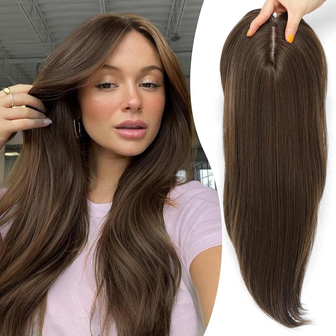 Synthetic Hair Topper with Bangs 18 Inch Layered Toppers for Women with Thinning Hair 5.5" x 5" hand Tied Forehead Hairline 360 3D Cover Wispy Synthetic Toppers Hair for Women Fiber Wiglets (Light Brown)