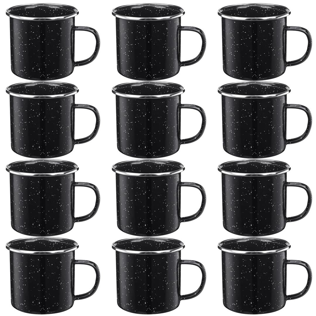 12 Pcs Enamel Camping Mugs Small Coffee Mugs Tea Cups Portable Vintage Campfire Camping Cups Bulk with Handle for Coffee Tea Home Picnic Travel Indoor and Outdoor Activities,12 oz (Black)