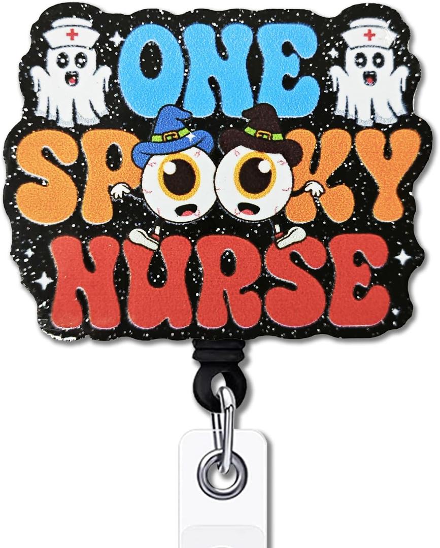 2 x YAZMEEN Funny Halloween Badge Reel Gifts - One Spooky Nurse - Retractable Badge Holder with Alligator Clip - Black Glitter Acrylic ID Card Holder - Gifts for RN ICU ER Nurse Doctor Night Shift Work