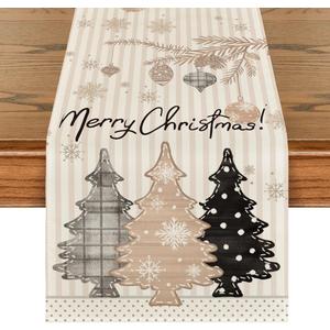 Artoid Mode Stripes Pine Trees Merry Christmas Table Runner, Winter Xmas Holiday Kitchen Dining Table Decoration for Home Party Decor 13x90 Inch (Brown)