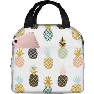 Cute Pineapple Stylish Glitter Lunch Bag For Women Girls Insulated Lunch Box Reusable Lunchbox Waterproof Portable Lunch Tote (One Size)