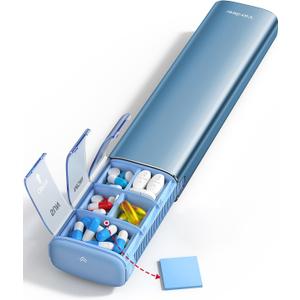 Vaydeer 7 Day Weekly Pill Organizer (Support 2 Times a Day), Metal Travel Pill Case, Large Capacity Daily Cute Pill Box for Supplements, Pills, Vitamins and Medication (Blue)