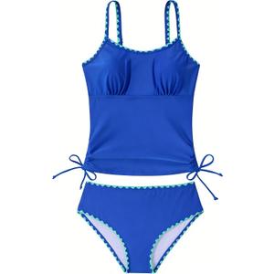 Funnycokid Teen Girls Swimsuit Padded Bathing Suit 2 Piece Tankini Contrast Trim Ruched Design Swimwear 9-16Y (15-16 Years, Blue)