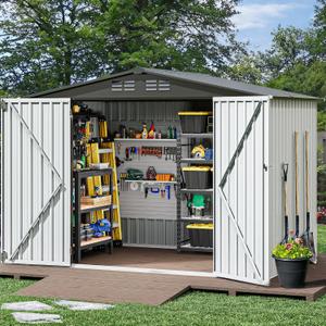 DWVO 8x6 FT Outdoor Storage Shed, Large Metal Tool Sheds, Heavy Duty Storage House with Lockable Doors & Air Vent for Backyard Patio Lawn to Store Bikes, Tools, Lawnmowers, White