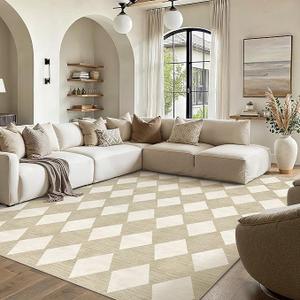 PureCozy Machine Washable Beige 8x10 Area Rugs for Living Room Modern Soft Large Checkered Rug Non-Slip Low Pile Accent Indoor Office Carpet for Bedroom Dining Room Nursery Classroom