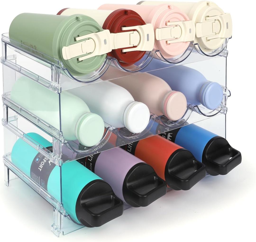 Water Bottle Organizer - 3 Pack Clear Stackable Bottle Storage Rack and Rack for Stanley Yeti Bottle and Other Tumbler Organizer for Kitchen Cabinets, 3 Tier Hold 12