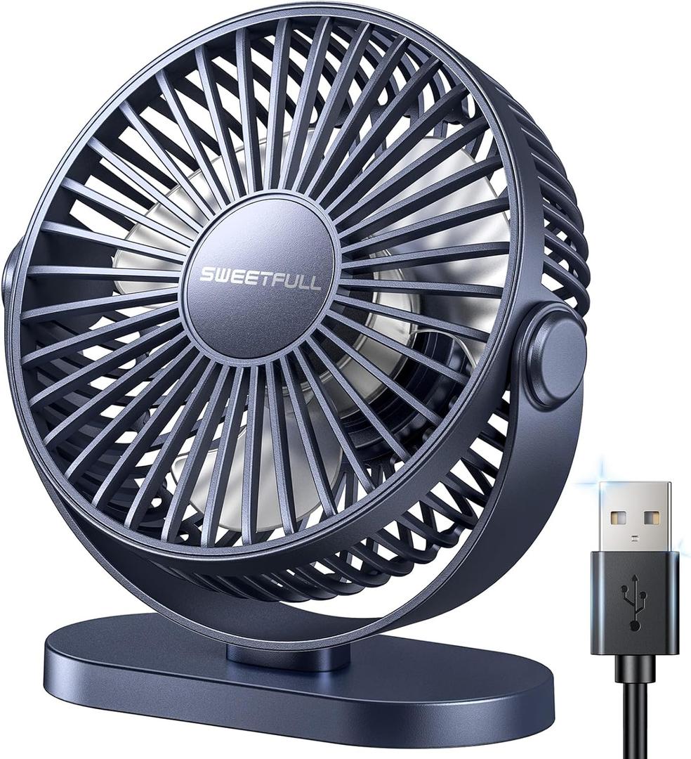 SWEETFULL USB Desk Fan Small Quiet - 3 Speeds Mini Personal Portable Fan 360 Rotation Adjustable, 5.5 Inch Office Table Cooling Gadgets on Desktop (Blue)
