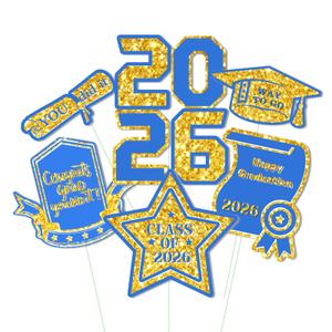 6Pcs 2026 Graduation Centerpieces Sticks, DIY Table & Flowerpot Graduations Party Centerpieces for Tables, Glitter 2026 Graduation Table Centerpieces Decorations (Blue)
