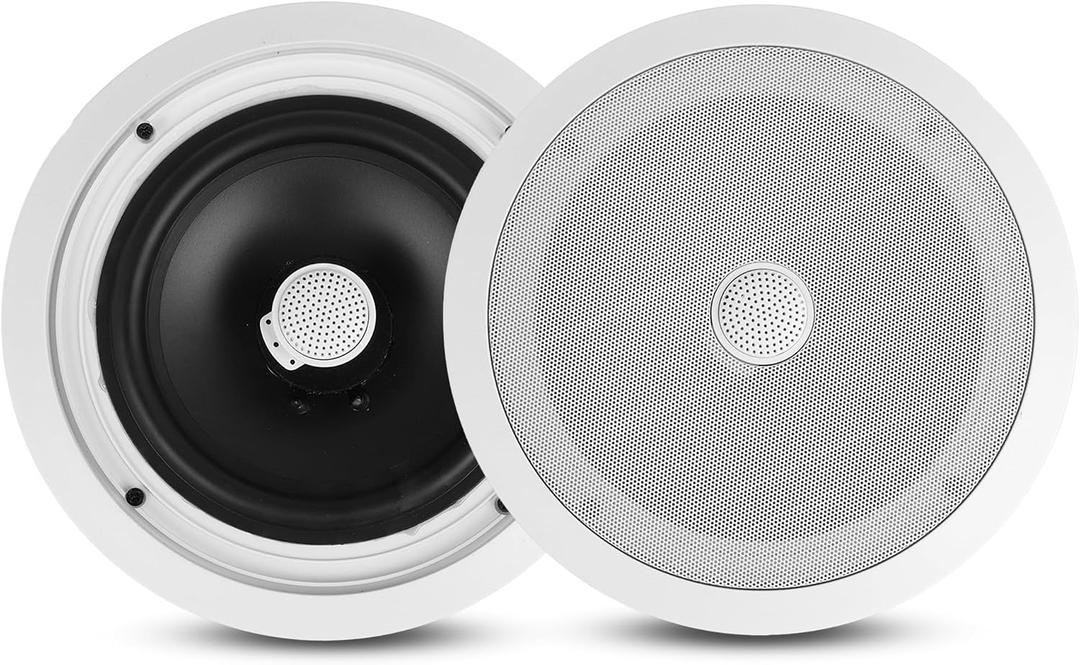 Pyle 8 Ceiling Mount Speakers (Pair)- 2-Way Stereo Speaker System with Easy Install Flush Design - Directable 1 Titanium Dome Tweeter - 55Hz Freq Response for Deep Bass - 300W Peak Power (White)