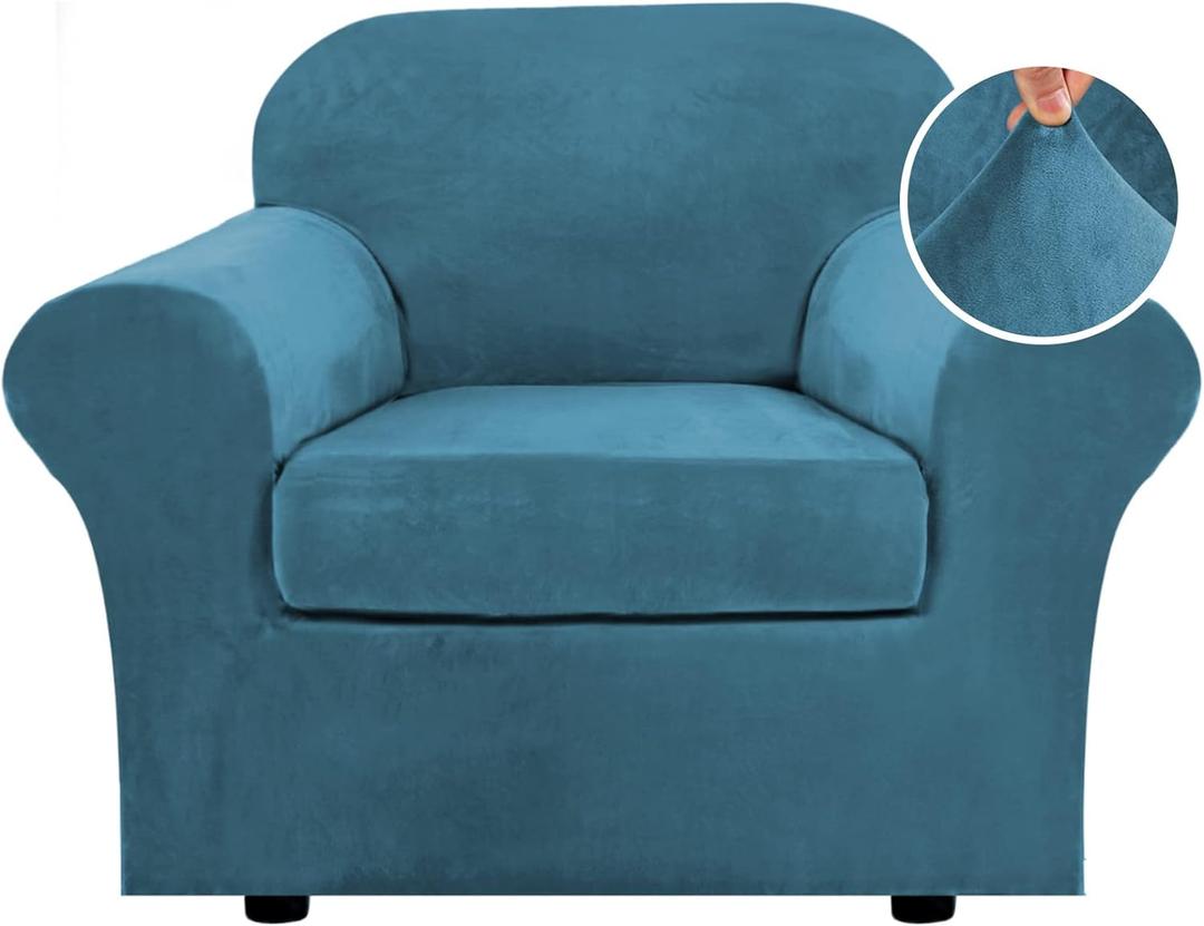 H.VERSAILTEX Rich Velvet Stretch 2 Piece Chair Cover Chair Slipcover Sofa Cover Furniture Protector Couch Soft with Elastic Bottom Chair Couch Cover with Arms Width Up to 49 Inch(Chair,Peacock Blue)