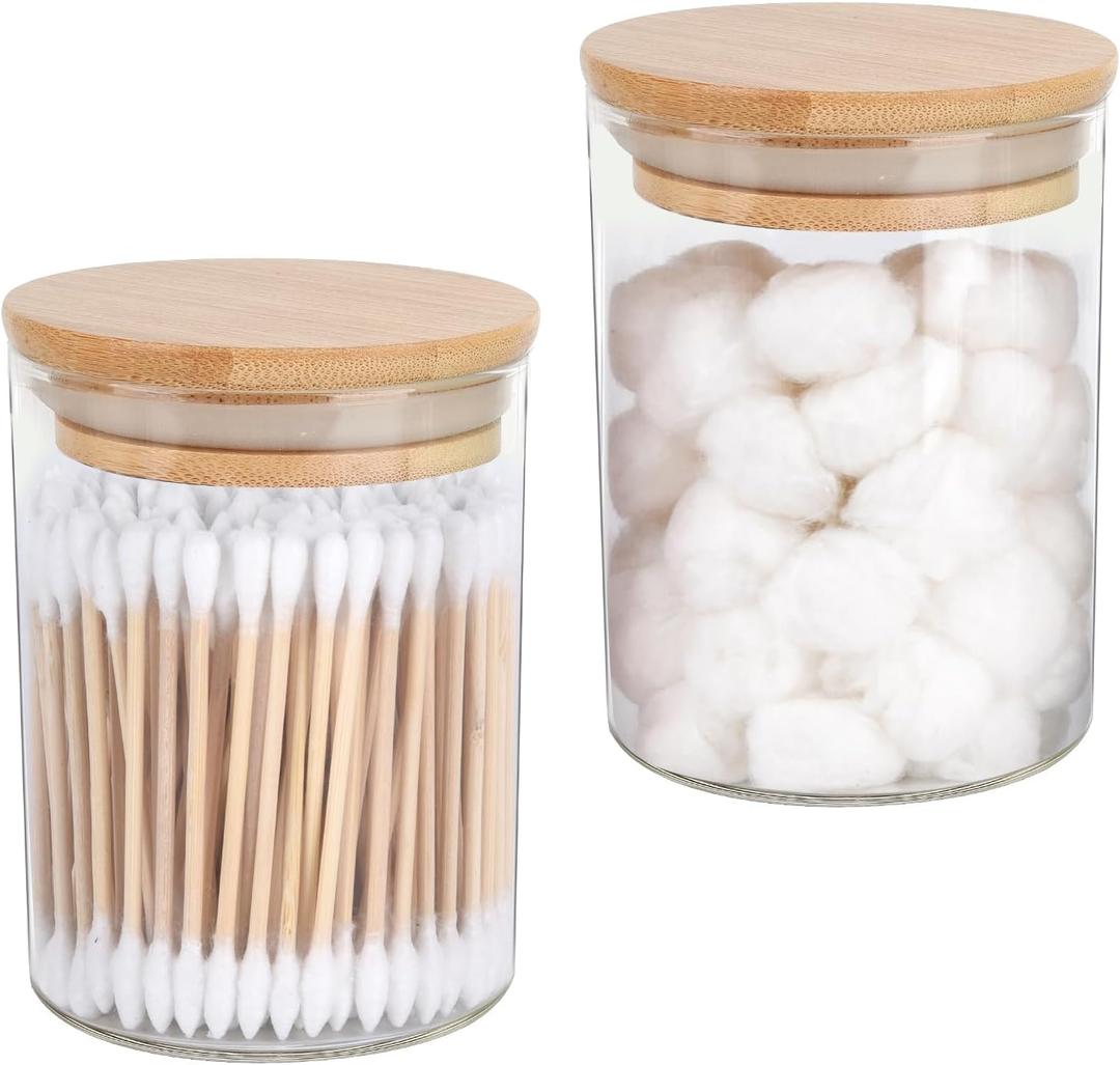 Pack of 2 Glass Qtip Holder Dispenser Set - Apothecary Jars with Lids for Vanity Makeup Organizer - Bathroom Canister Storage Organizer for Cotton Ball, Swab, Round Pads, Floss Pack of 2 Glass Qtip Holder Dispenser Set - Apothecary Jars with Lids for Vanity Makeup Organizer - Bathroom Canister Storage Organizer for Cotton Ball, Swab, Round Pads, Floss